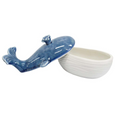 A sleek, white ceramic trinket box shaped like a whale, with a separate lid for small storage. The design is simple and elegant, suitable for Hamptons or coastal-themed home decor.