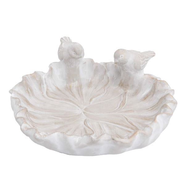 Small cement bird bath with embossed flower design and two perched bird figures, 23x23x8cm.