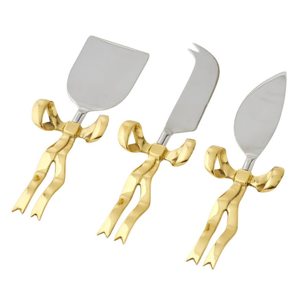 Bowtiful Cheese Knives Set of 3 with stainless steel blades and gold bow handles, designed for elegant cheese serving and entertaining.