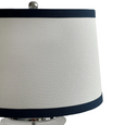 Charlotte Glass and Nickel Lamp with White Linen Shade (Navy Trim)