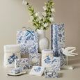 Chinoiserie Hand Towel Set of 2 featuring one plain white towel and one embroidered towel with a blue bird and floral design.
