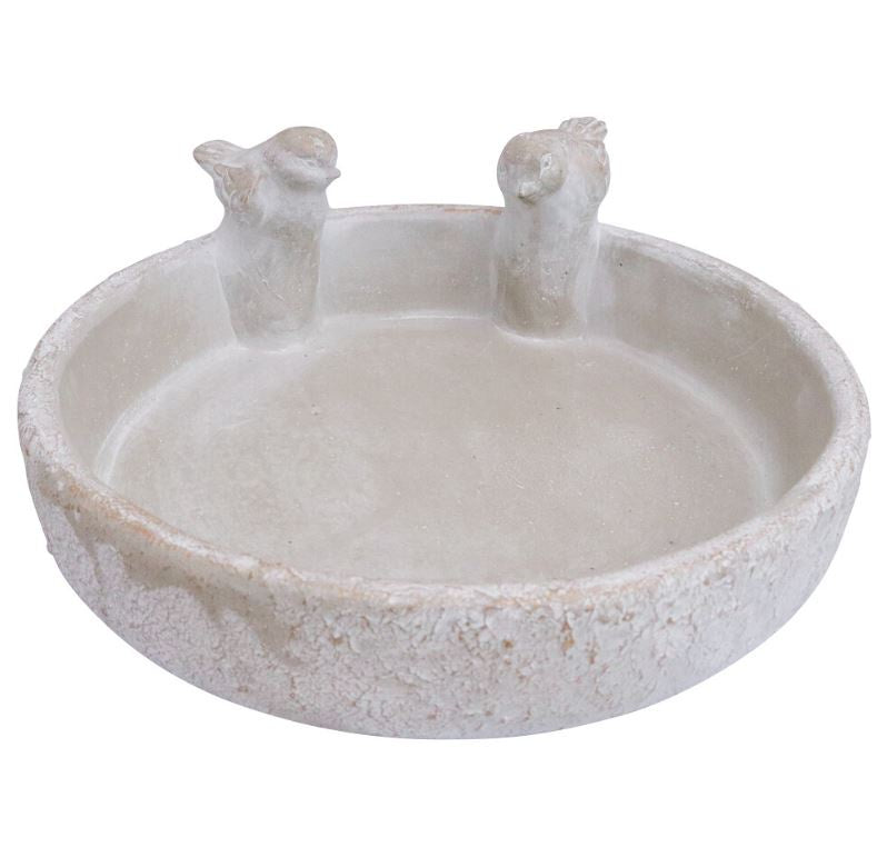 Classic Bird/Tap Bowl made from cement with a raw stone finish, featuring two perched bird details, 26x26x10.5cm garden decor.