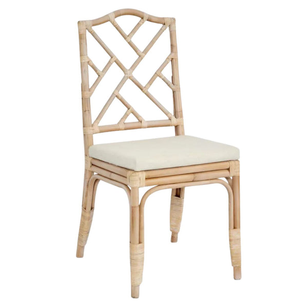 Side profile of natural rattan Dynasty Dining Chair with removable seat cushion