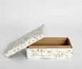 Elena Mother of Pearl Trinket Box in white with hand-carved bone inlay and shimmering pearl mosaic, 20cm decorative jewellery box.