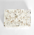 Elena Mother of Pearl Trinket Box in white with hand-carved bone inlay and shimmering pearl mosaic, 20cm decorative jewellery box. Top of box.