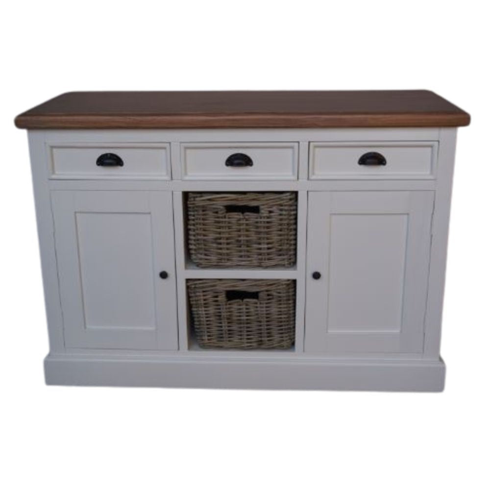 Hamptons Sideboard Natural Top with Rattan Baskets