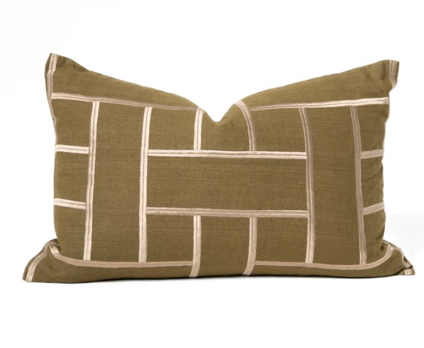 Embroidery Lattice Olive Medium Lumbar Cushion 40 x 60cm