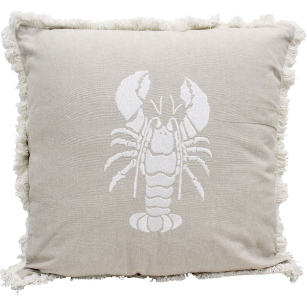 Lobster Fringed Cushion in stonewashed chambray cotton with white embroidered lobster design and soft fringe border, 46x46cm.