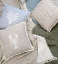 Lobster Fringed Cushion in stonewashed chambray cotton with white embroidered lobster design and soft fringe border, 46x46cm.