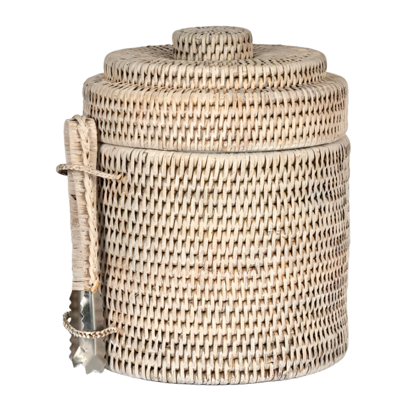 Paume Rattan Ice Bucket with Tongs Whitewash