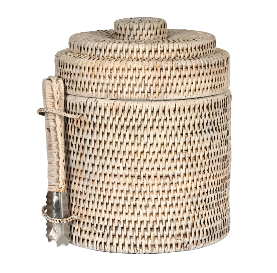 Paume Rattan Ice Bucket with Tongs Whitewash
