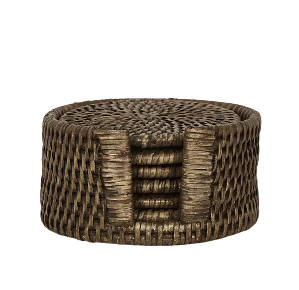 Paume Rattan Round Coaster Set/6 Antique Brown