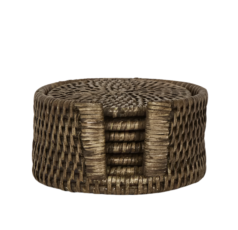 Paume Rattan Round Coaster Set/6 Antique Brown
