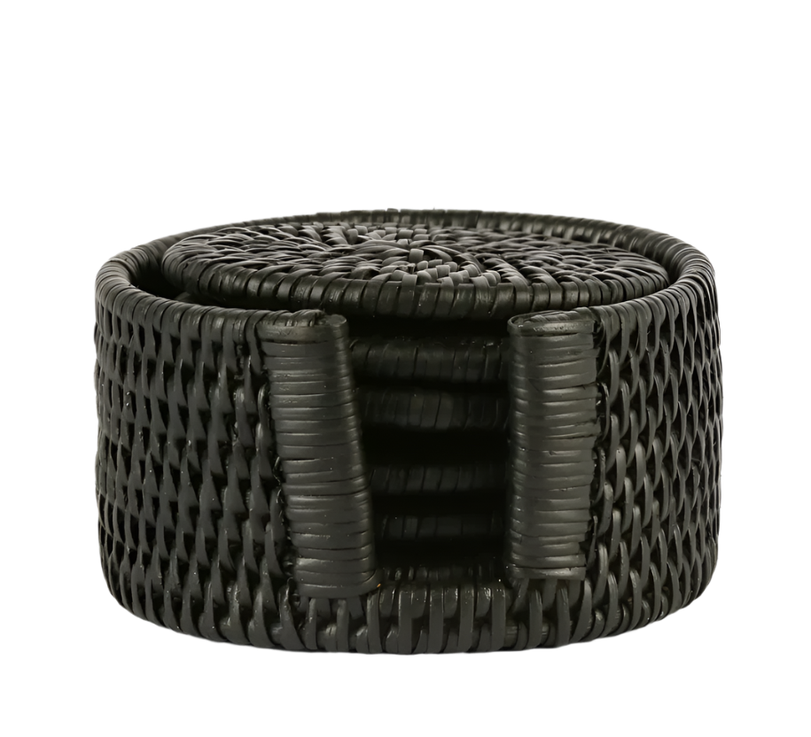 Paume Rattan Round Coaster Set/6 Black