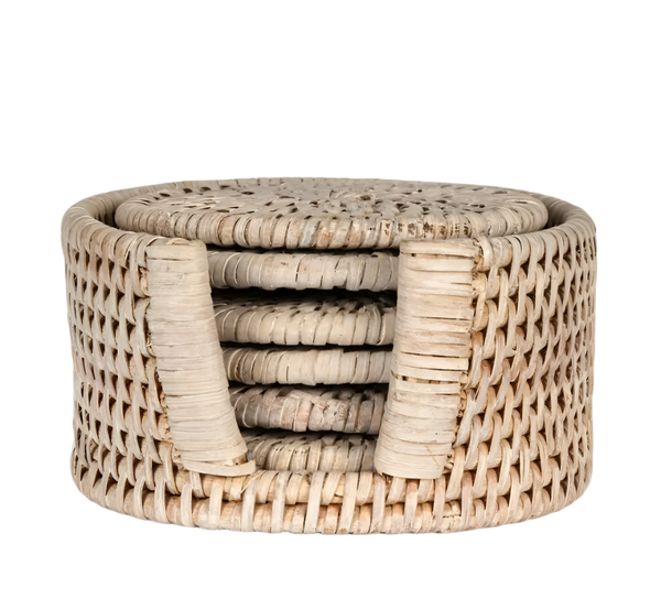 Paume Rattan Round Coaster Set/6  Whitewash