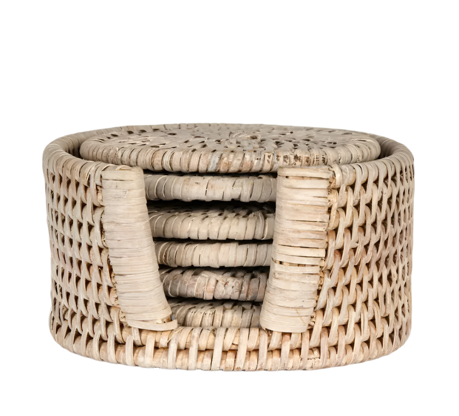 Paume Rattan Round Coaster Set/6  Whitewash