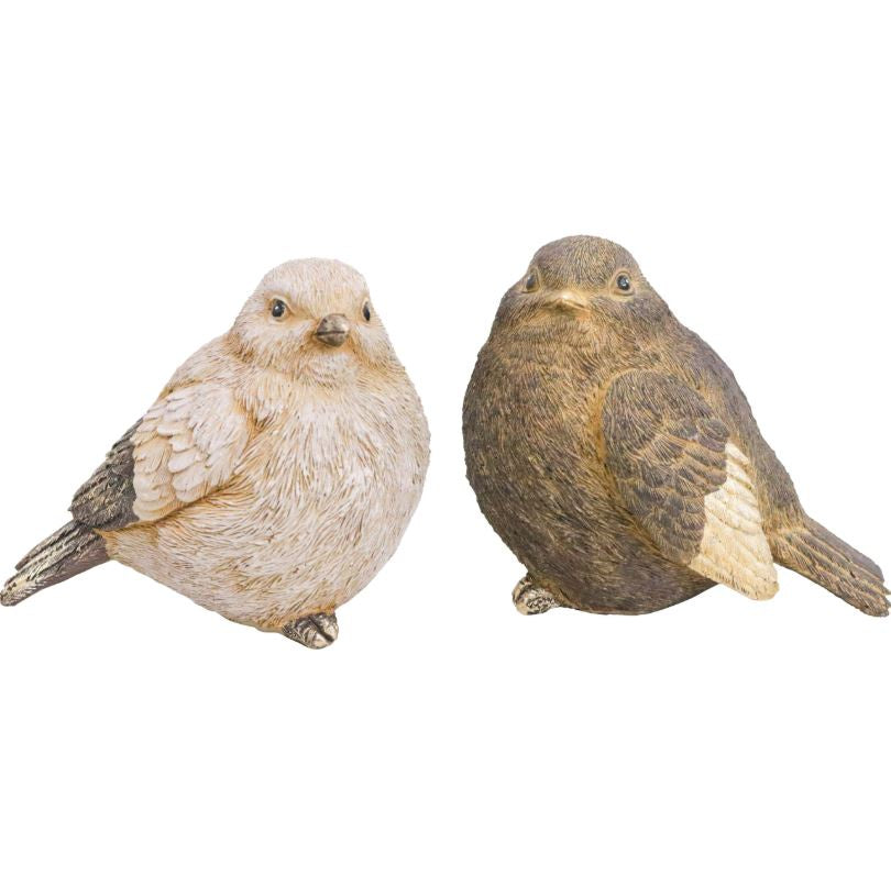 Set of 2 small rustic resin bird figurines in natural tones, measuring 10.5x8x9cm.
