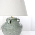 Avoca Seafoam Lamp with a handcrafted ceramic base in soft seafoam green, paired with a natural linen shade. A calming coastal-inspired table lamp perfect for Hamptons and contemporary interiors.