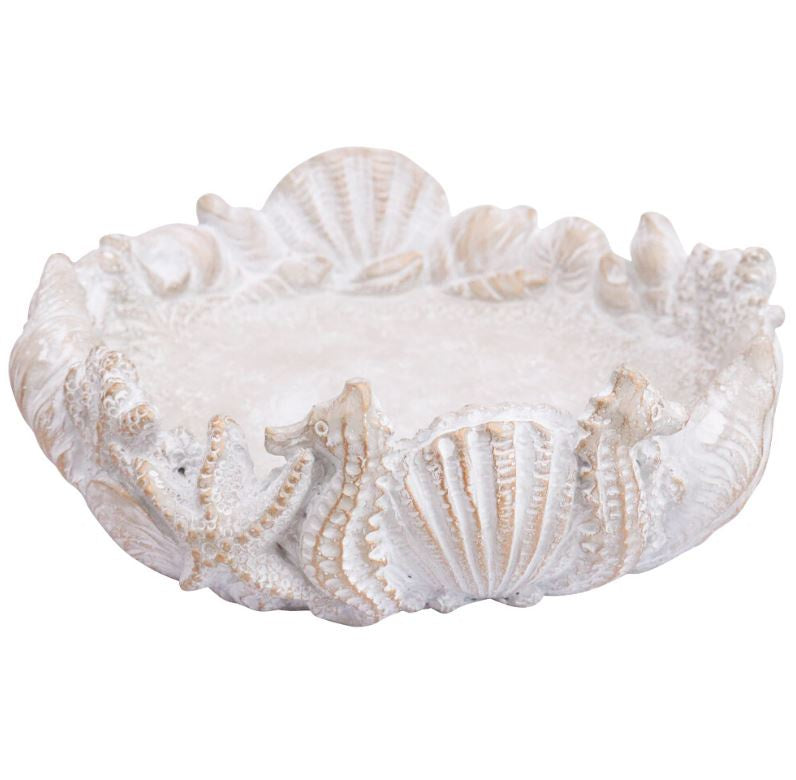 Seaside Bird Bath made from whitewashed cement with shell, coral, starfish, and seahorse details, 27x27x9cm coastal garden decor.