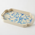 Cream decorative tray with blue songbird and floral illustration, rectangular with curved edges and side handles.