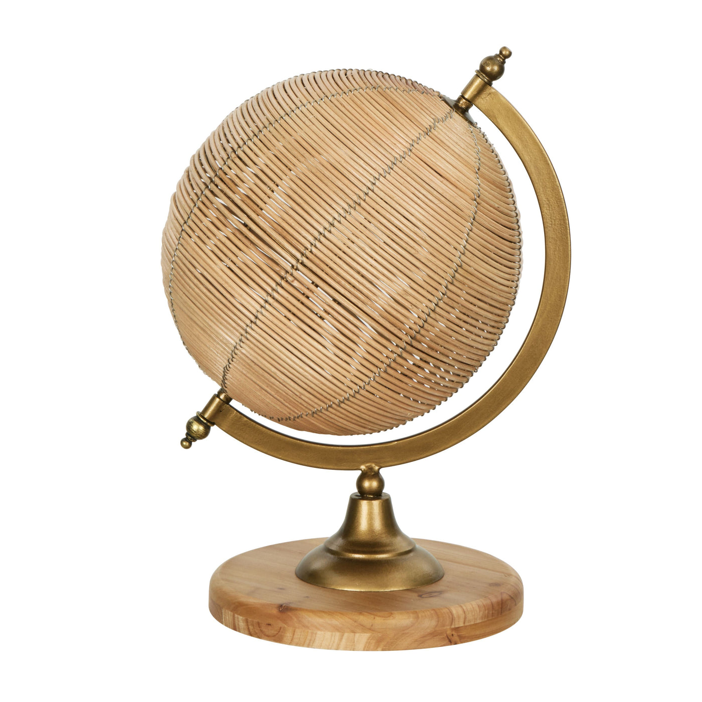 Sterling Globe Rattan & Wood – decorative natural rattan globe with brass-finished iron axis and wooden base, 21x21x33cm.