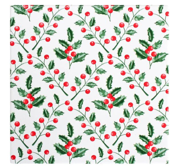 Ceramic Christmas trivet with festive holly and red berry design, 20x20cm, cork-backed.