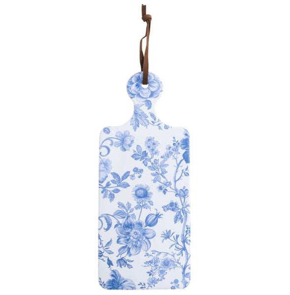 Rectangle French Country ceramic trivet with blue and white floral design and cork backing, 12x30cm.