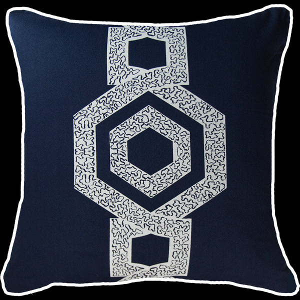 Inter Hexagon Scroll Sash Navy Cushion 55cm
