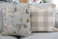 Harlow Cushion Natural – square beige cushion with textured slub fabric and piped edges, 50x50cm Hamptons-style décor paired with floral cushion