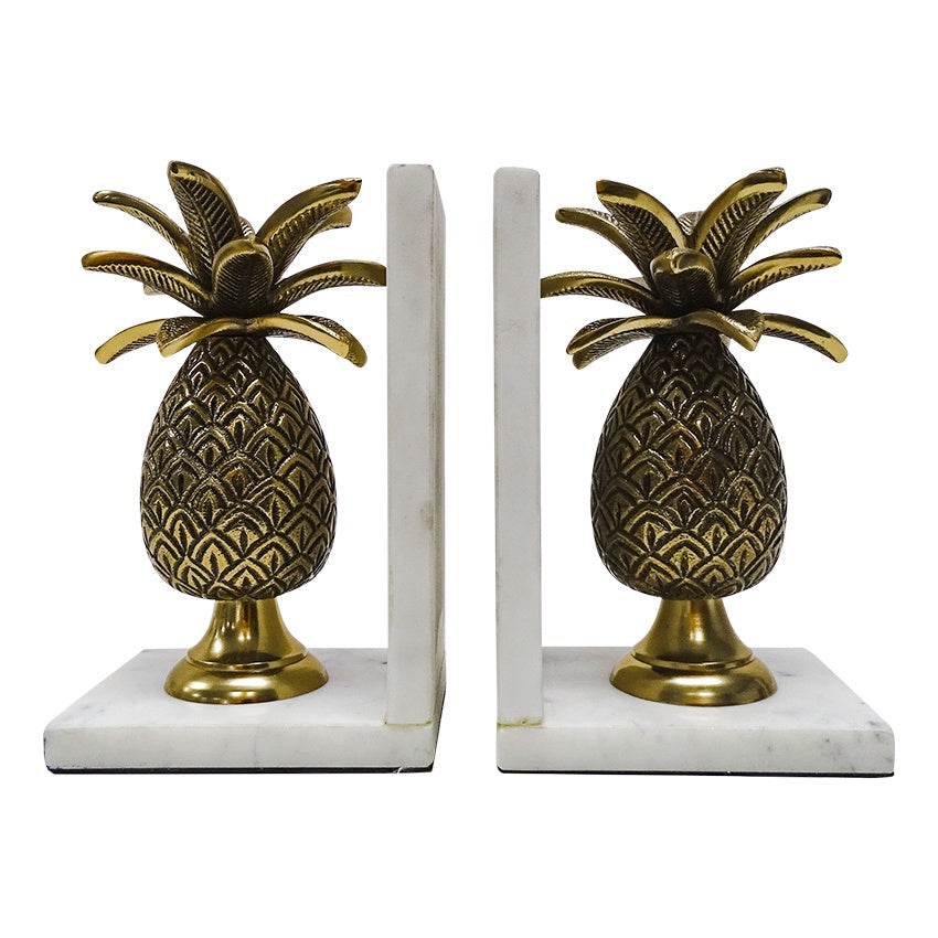 Pineapple Bookend Set Antique Brass & Marble