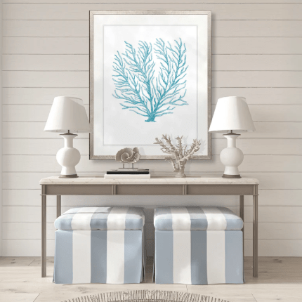 Designer Boys coastal artwork featuring blue coral print framed above console table in Hamptons style interior