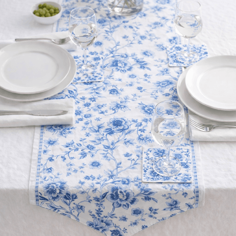 Blue and white coastal dining bundle with matching table runner, placemats and layered Hamptons-inspired table styling