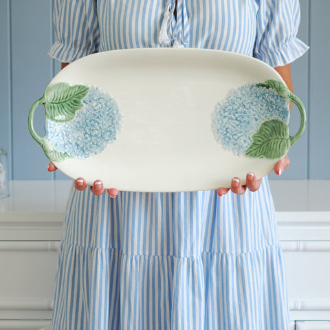 Handcrafted ceramic serving platter with hydrangea detail, styled in a Hamptons style kitchen