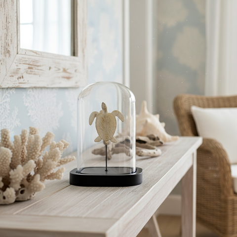 Turtle sculpture displayed under glass dome — coastal animal accent for Hamptons decor.