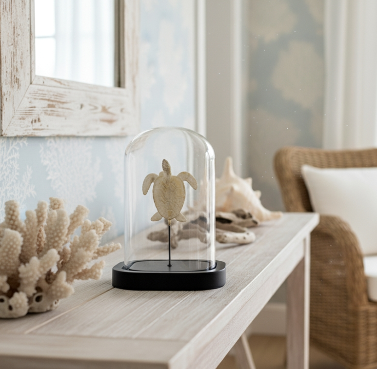 Turtle sculpture displayed under glass dome — coastal animal accent for Hamptons decor.