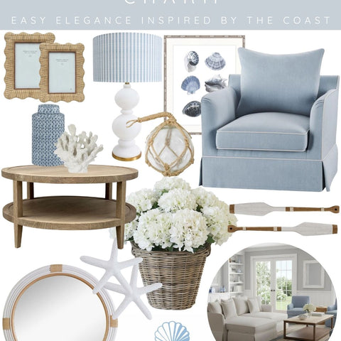 Coastal cottage style mood board featuring a blue upholstered armchair, weathered timber coffee table, hydrangeas, rattan décor, coastal artwork and Hamptons-inspired home accessories.