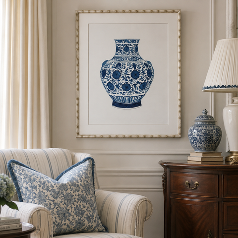 Designer Boys traditional blue and white ginger jar artwork in a gold frame styled above a timber buffet with classic table lamp, blue and white ceramic ginger jar and Hamptons-inspired décor