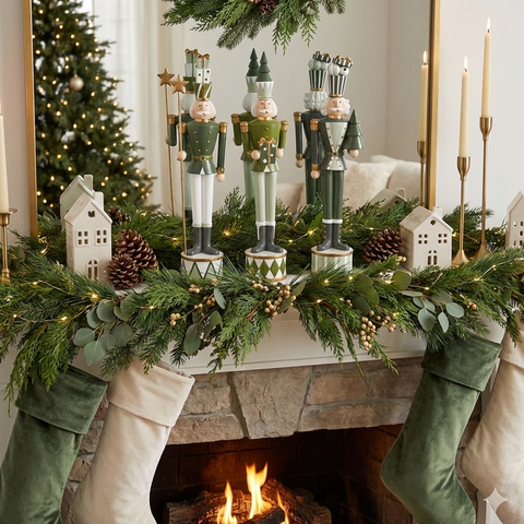 Christmas mantel styled with green nutcracker figurines, soft garlands, candlelight and classic stockings in a warm Hamptons home.