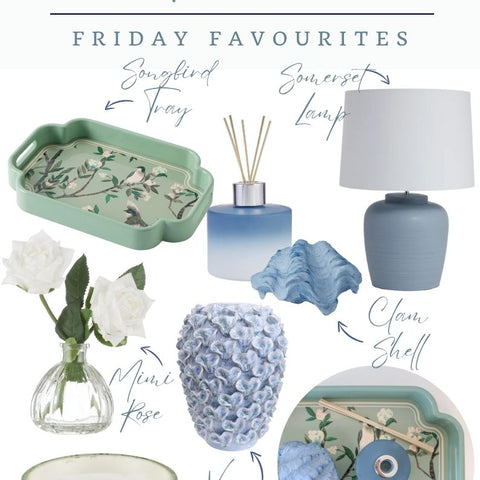 Hamptons Style Friday Favourites collection featuring Songbird Tray, Somerset Lamp, blue clam shell, floral candle, and decorative vase in soft coastal hues.