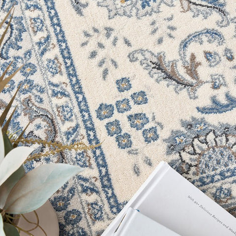 Hamptons style wool rug Australia in blue and white traditional pattern
