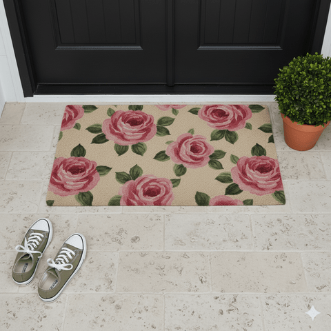 Floral rose doormat styled at black front doors with coastal entryway décor and planter pot