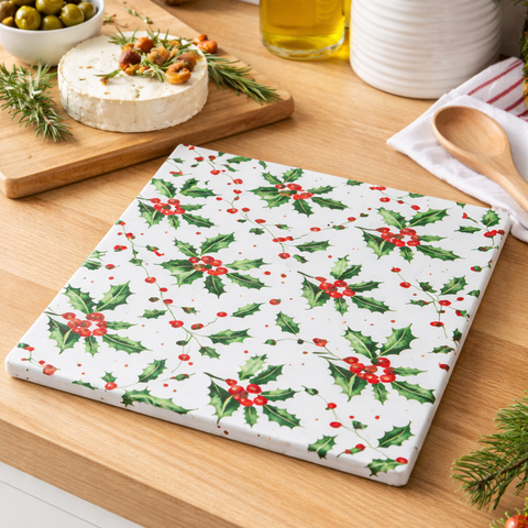 Christmas holly ceramic trivet styled on a kitchen bench with cheese, olives, olive oil and festive greenery.