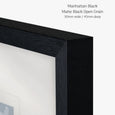 Designer Boys Manhattan Black picture frame featuring a matte black open grain timber finish, 30mm wide by 45mm deep profile
