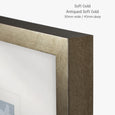 Designer Boys Soft Gold picture frame featuring an antiqued soft gold finish with a sleek contemporary profile, 30mm wide by 45mm deep.