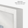 Designer Boys White Grain picture frame featuring a matte white open grain timber finish with a contemporary profile, 30mm wide by 45mm deep.