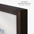 Designer Boys Dark Walnut picture frame featuring a matte dark walnut open grain timber finish with a contemporary profile, 30mm wide by 45mm deep.