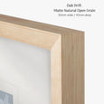 Designer Boys Oak Drift picture frame featuring a light oak open grain timber finish with a contemporary profile, 30mm wide by 45mm deep.