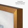 Designer Boys Brassy Gold picture frame featuring an antiqued brassy gold finish with a refined contemporary profile, 30mm wide by 45mm deep.