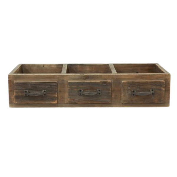 Rustic 3 Part Organizer with faux drawer fronts, made from fir wood in brown finish with metal handles, 55.5x20x12cm storage crate.