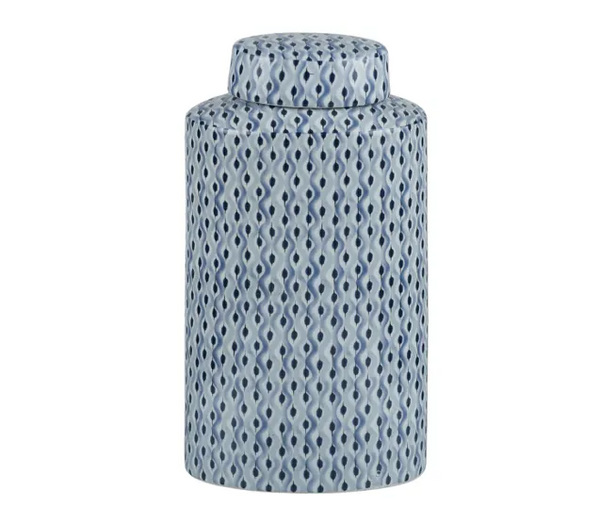 Two-tone blue patterned ceramic jar with lid, 24cm decorative homeware.
